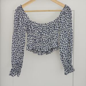 Reformation Navy Floral Off-Shoulder crop top Blouse